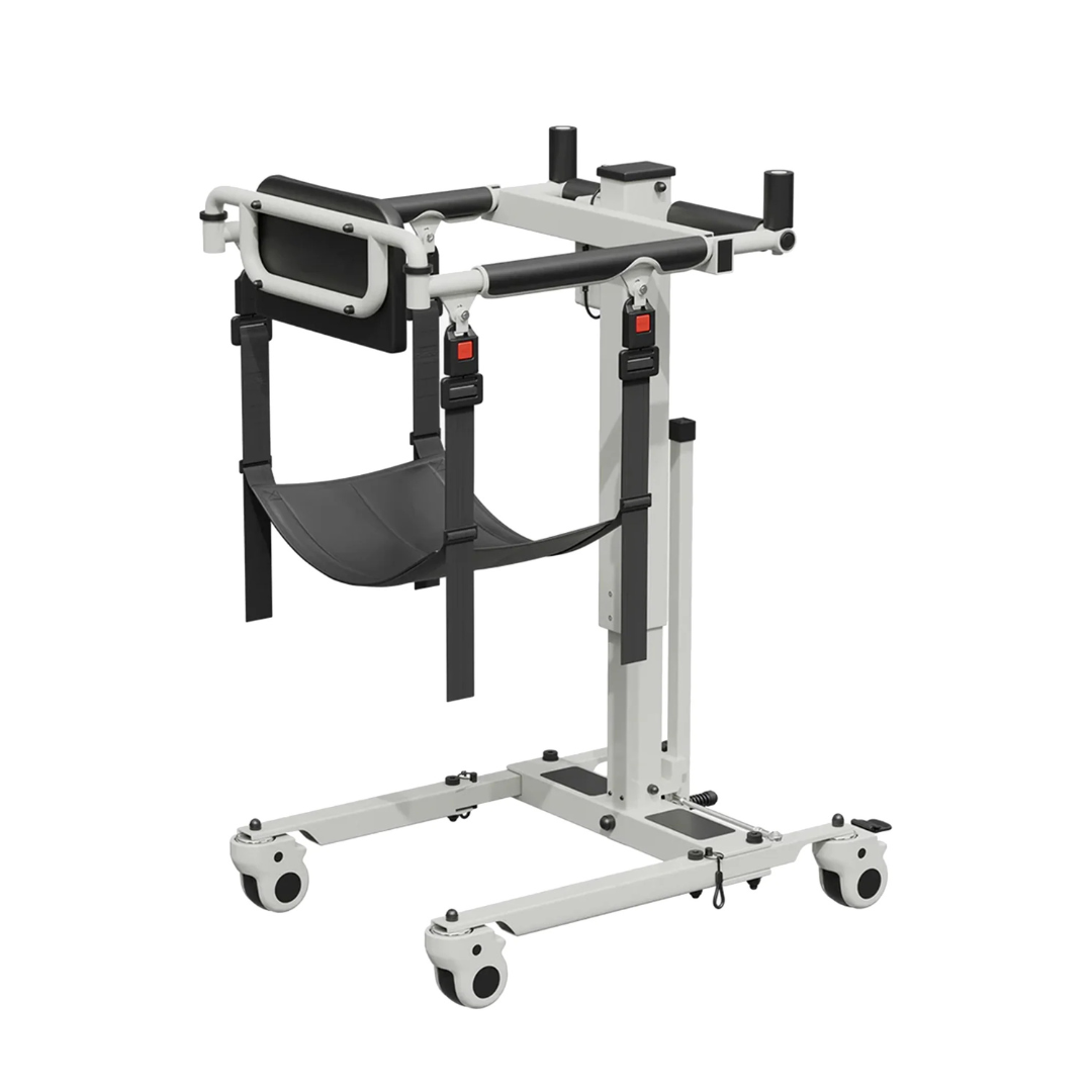 The Freedom EveryLift Powered Sling Seat Patient Lift - Portable is a white and black transfer chair with four wheels, padded handles, adjustable straps, and a sling seat for safe patient handling and mobility assistance.